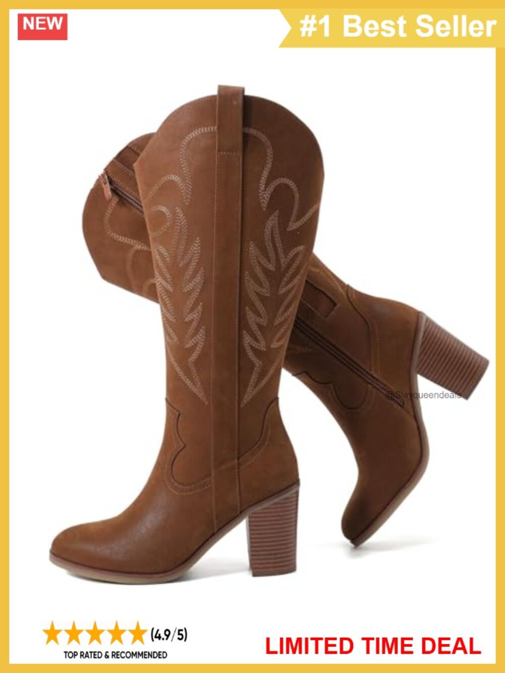 Extra Wide Calf Knee High Cowboy Boots Faux Leather Block Heel